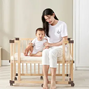 StarAndDaisy Multifunctional 8 in 1 Baby Wooden Cot Crib, Quick-Fitting Children’s Bed with Rollers Newborn Baby Bed Natural Wood