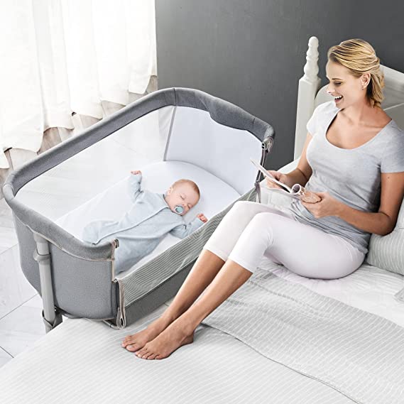 Bedside Sleeper for Baby, ALVOD Baby Bassinet, Baby Crib Baby Nursery Bed for Infants, 9 Adjustable Height for Bed Sofa, Breathable Mesh, Easy Assemble (Light Grey)
